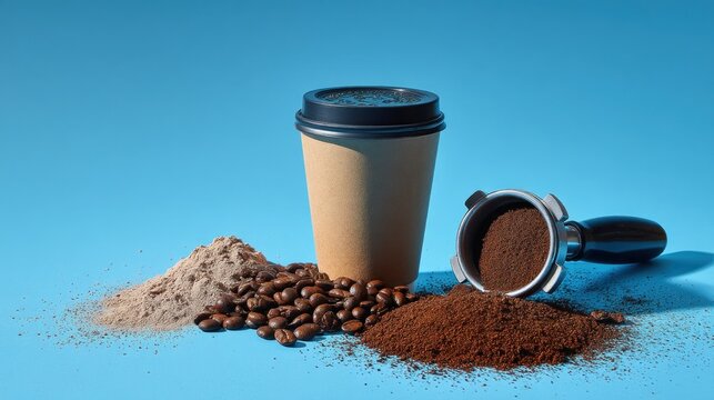Composition showcasing coffee elements to-go cup, beans, grounds, & portafilter on a blue backdrop, suggesting the coffee-making process