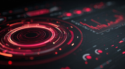Abstract digital interface with red glowing circular patterns and data visualizations. It evokes a sense of technology and futuristic concepts.