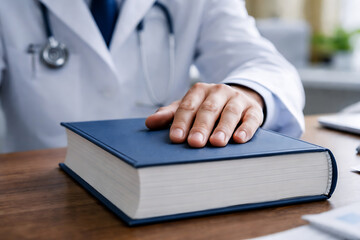 Doctor resting hand on clinical reference book at desk representing medical governance, regulatory compliance, hospital finance oversight and professional credentialing for healthcare administration