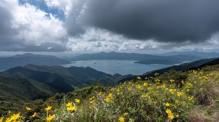 Lush Green Mountain Range Overlooking a Tranquil Lake Under a Dramatic Sky with Yellow Flowers in the Foreground on a Sunny Day