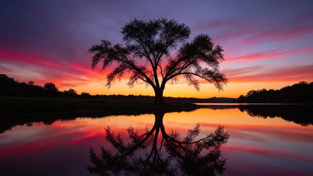 Stunning sunset over tranquil lake with tree silhouette and reflection.