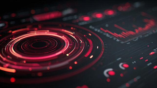 Abstract digital interface with red glowing circular patterns and data visualizations. It evokes a sense of technology and futuristic concepts. - Powered by Adobe