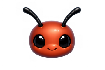 Cute orange ant head with a friendly smile, big shiny black eyes, and black antennae. Isolated 3d render