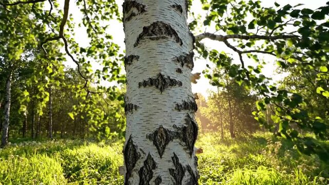 Sunlight shines through the leaves of a birch tree in the forest.