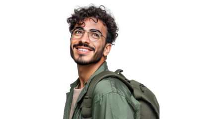 Smiling young handsome traveler with glasses, wearing a backpack and looking up isolated on transparent background
