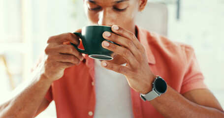 Man, drinking coffee and relax in office for thinking, journalism inspiration and idea for article. Person, caffeine beverage or reflection in workplace for news report planning, hydration or energy.