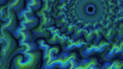 Abstract swirling pattern of teal, lime, and dark teal colors