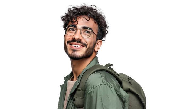 Smiling young handsome traveler with glasses, wearing a backpack and looking up isolated on transparent background