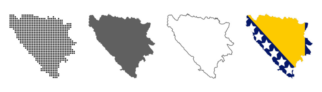 Bosnia and Herzegovina map set with dotted solid outline and flag style vector illustration