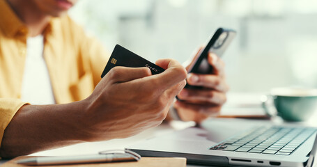 Obraz na płótnie Canvas Hands, credit card and laptop at office with phone, online shopping and fintech for easy payment. Person, computer and smartphone with ecommerce, bills or digital bank with customer experience on web