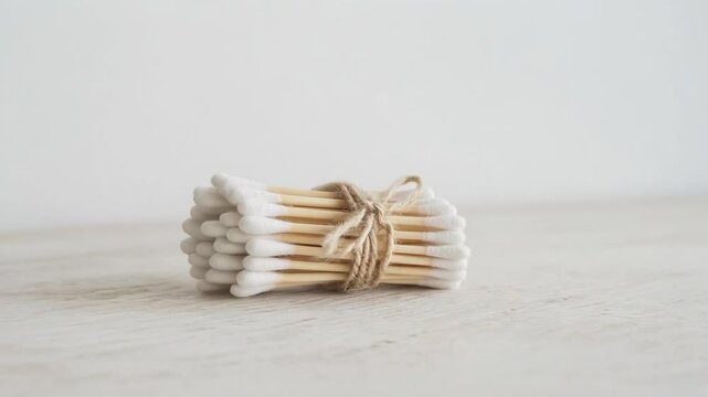 Eco-friendly cotton swabs bundled with natural twine on a rustic wooden surface