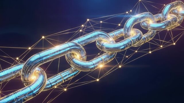 Futuristic glowing chain link technology on a dark background for digital innovation imagery