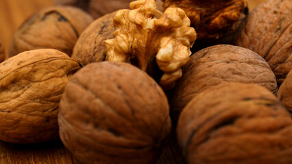 Authentic close-up of walnuts with a prominent kernel