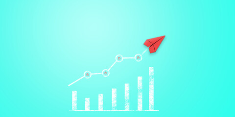 Red paper airplane flying up on a rising graph and bar chart, Business Growth Concept.