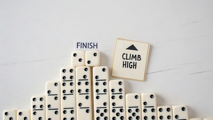 A domino pyramid reaching a peak with 'Finish' and 'Climb High' tiles symbolizing success and ambition