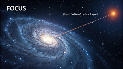 A majestic spiral galaxy amidst the deep cosmic background, with a focused beam of light piercing through