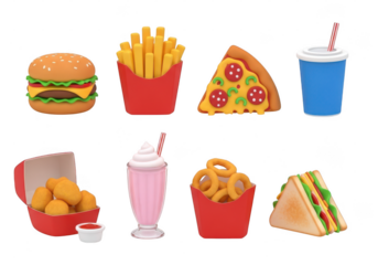 Collection of delicious fast food items like burgers, fries, pizza, and drinks, isolated on transparent background
