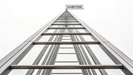 Obraz premium A sign for Ambition at the summit of a modern geometric structure reaching upwards.