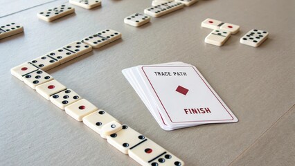 Fototapeta na wymiar A line of dominoes leading to a 'Finish' card on a table, representing the end of a game.