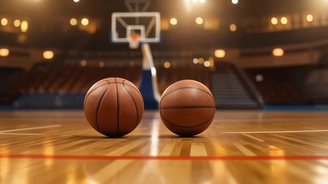 High-quality basketballs on a polished wooden court in a professional setting