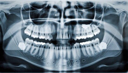 Diagnostic X-ray of full human jaw and teeth on dark background