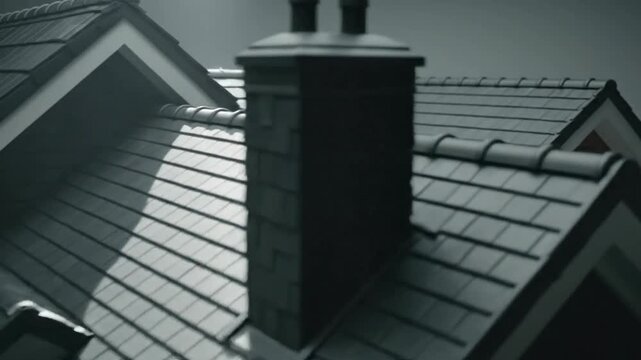 Modern house roof with dark gray tiles and brick chimney, showcasing architectural design.