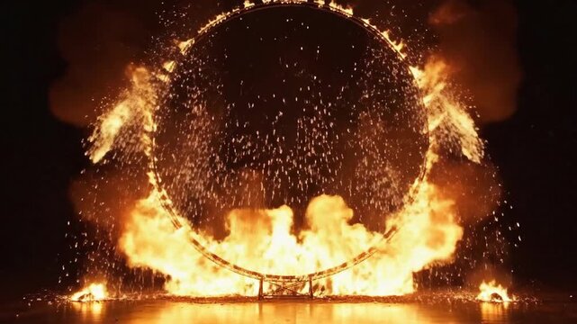 Dramatic shot of a circular l frame engulfed in flames against a dark background.