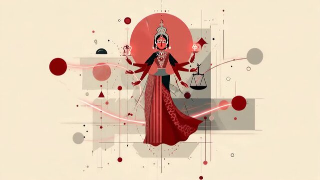 Elegant Digital Illustration of Durga Devi Celebrating Chaitra Navratri Festival with Traditional Attire and Symbolic Elements