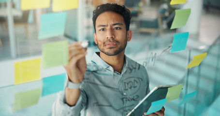 Planning, writing and businessman on tablet by glass for brainstorming, seo report and project agenda. Creative office, startup and person on digital tech for research, strategy and sticky notes