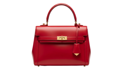 Gleaming red handbag with a top handle, a gold clasp, and a small leather tag