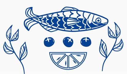 Decorative Sardine with Tomatoes and Lemon in Engraved Art Style