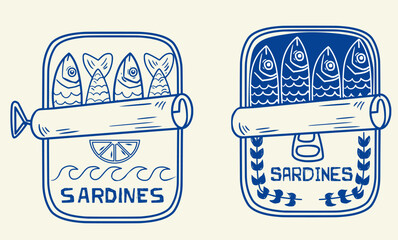 Vintage Sardine Cans Illustration in Woodcut Tattoo Style