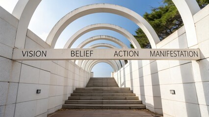 Fototapeta premium A path of structured arches and steps leading upward towards a bright sky, representing progress and achievement.
