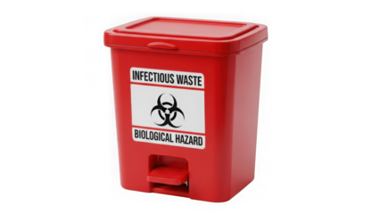 Red infectious waste bin with biohazard symbol