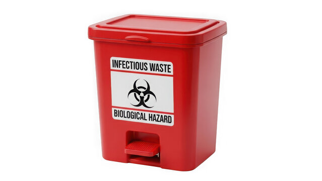 Red infectious waste bin with biohazard symbol