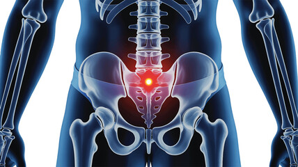 Medical illustration of human lower back and pelvic anatomy, highlighting a glowing red spot indicating pain or inflammation in the sacral region, visualizing musculoskeletal health