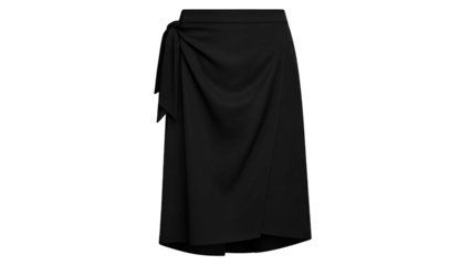 A black, draped midi skirt with a tie detail on the left side, isolated on black