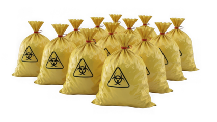 Yellow biohazard bags with warning symbols