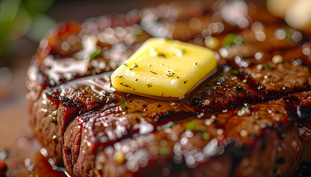 Herb butter cube on sizzling steak, macro closeup for menu marketing. Grilled beef steak with melting butter and spices, gourmet texture. Premium steak surface detail with butter topping, restaurant b