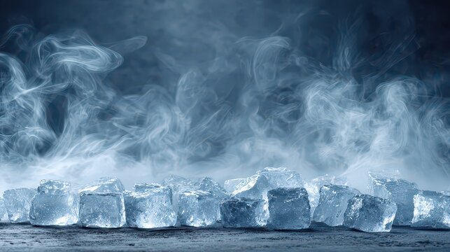 Ice Cubes on Dark Surface with Drifting White Vapor Mist Against Deep Blue Background Creating a Cold Refreshing and Atmospheric Image