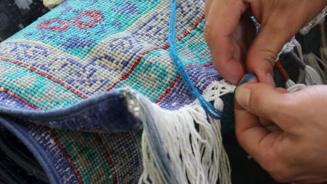 A Kabul rug worker manually swings rug selvages using traditional techniques to finish the woven edges, Afghanistan