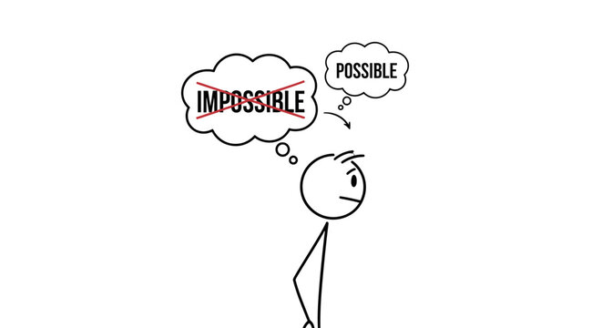 Stick figure contemplating impossible and possible thoughts with a change in perspective.