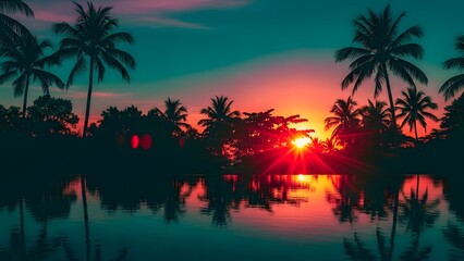 Serene summer sunset by the tropical lake with palm trees