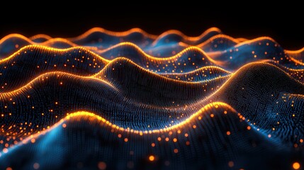 Glowing orange wave patterns over a dark blue, textured background