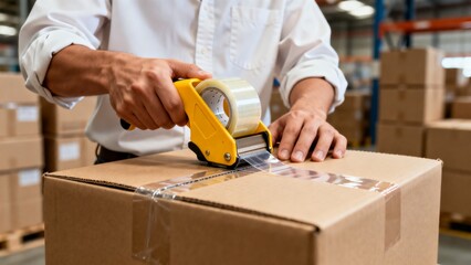 Close-up of person sealing cardboard box with yellow tape dispenser, symbolizing packing shipping and organization process