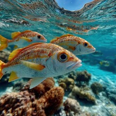 Underwater shot of coral reef and several brightly colored fish