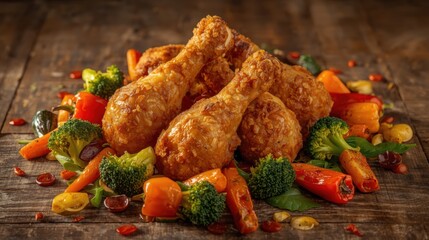 Crispy chicken drumsticks with colorful vegetables