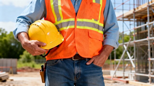 Close-up of person with hard hat and reflective vest, representing construction safety standards and field readiness under sunlight