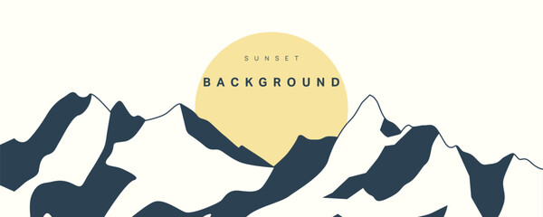 Mountain silhouette landscape vector illustration with navy blue terrain shapes and yellow sun circle, clean nature design for outdoor backgrounds.