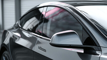 Sleek metallic automobile with tinted windows and side mirror, embodying modern design. A stylish vehicle showcases clean lines and reflective surfaces.
